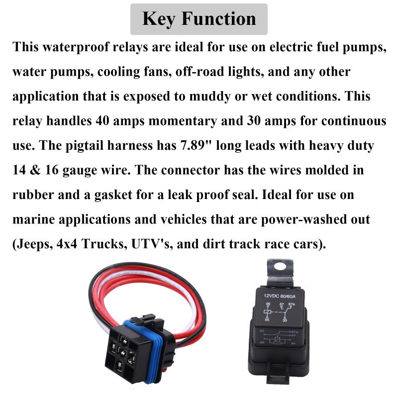HOPUT 1 Pack 60/80 Amp 12 Volt Waterproof Automotive Relay with Pigtail, 5-Pin Heavy Duty 12 AWG Tinned Copper Wires Marine Relays for Boats Auto Fan Cars - Image 3